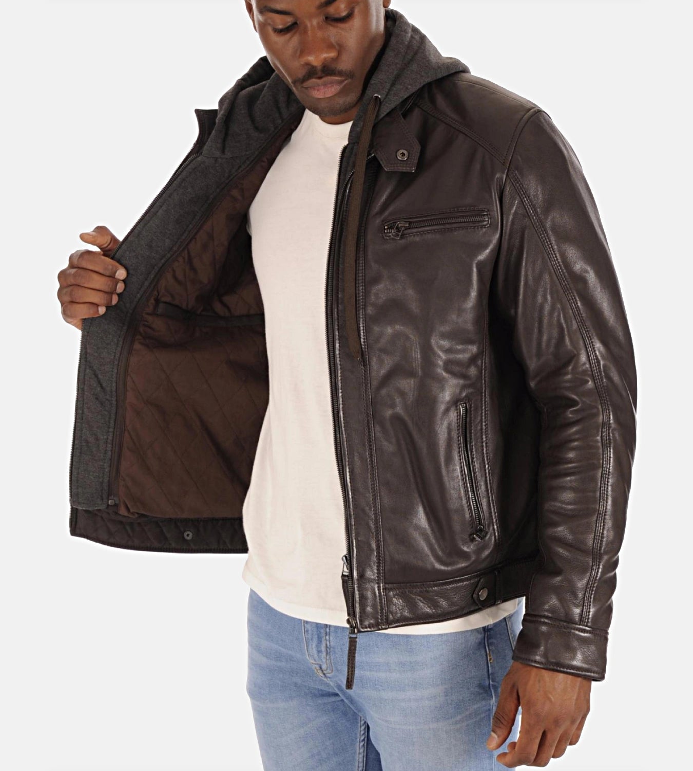 Men’s Eriko Dark Brown Hood Lambskin Leather Jacket