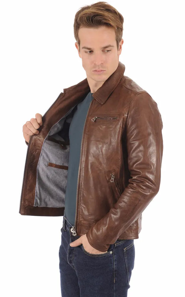Men’s Cognac Shirt Collar Genuine Leather Jacket