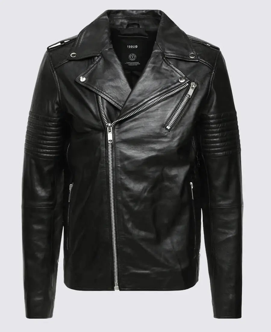 Bryon Black Asymmetrical Belted Biker Leather Jacket
