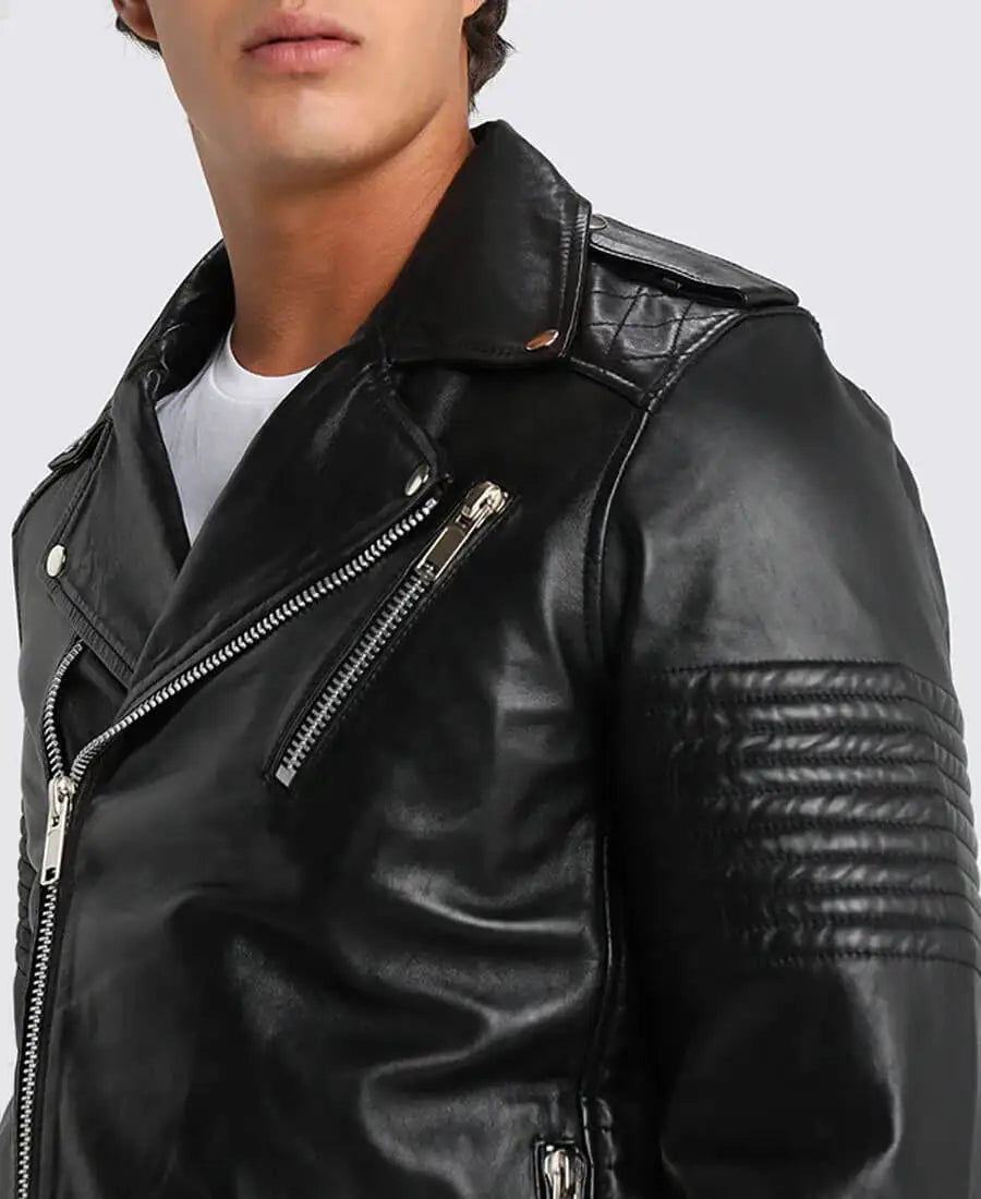 Bryon Black Asymmetrical Belted Biker Leather Jacket