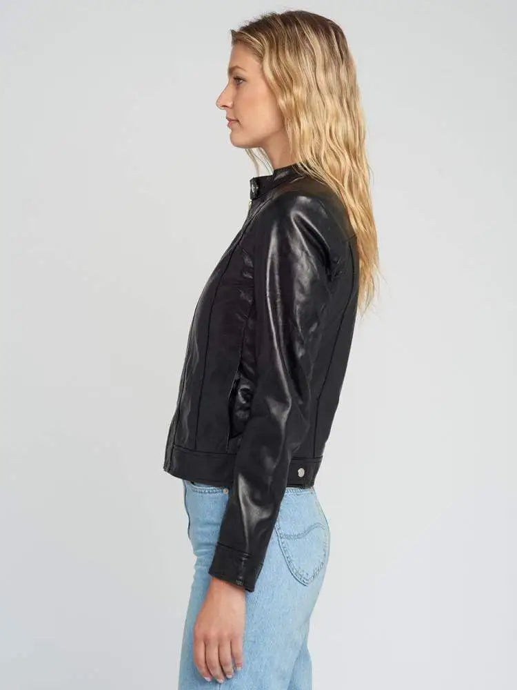 Womens Jami Classic Black Cafe Racer Leather Jacket