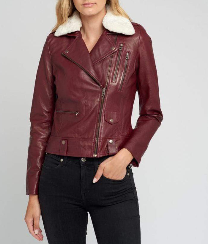 Womens Shearling Fur Collared Maroon Biker Leather Jacket