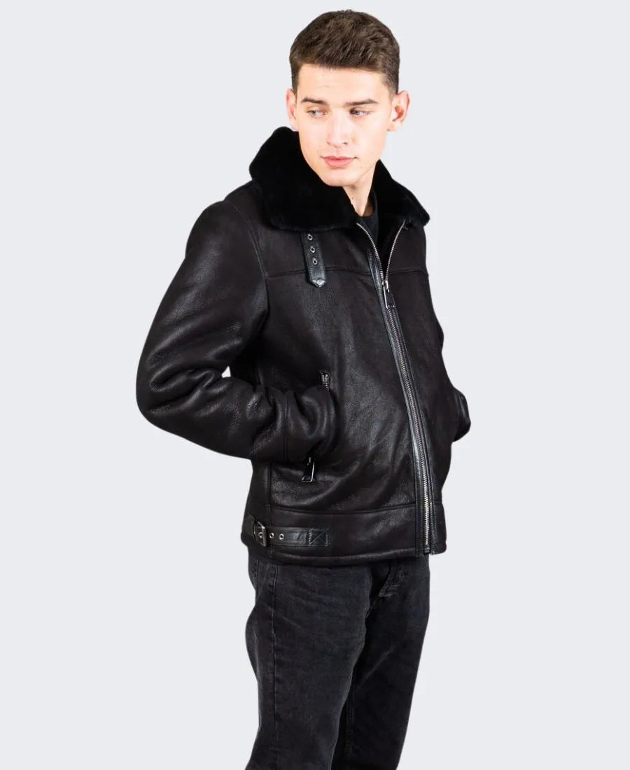 Mens Jet Black Sheepskin Shearling Leather Jacket