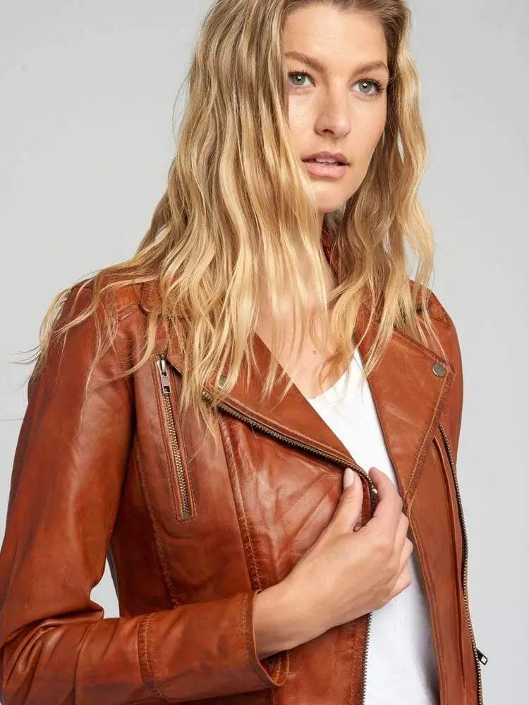 Monica Ladies Tanned Asymmetrical Moto Leather Jacket