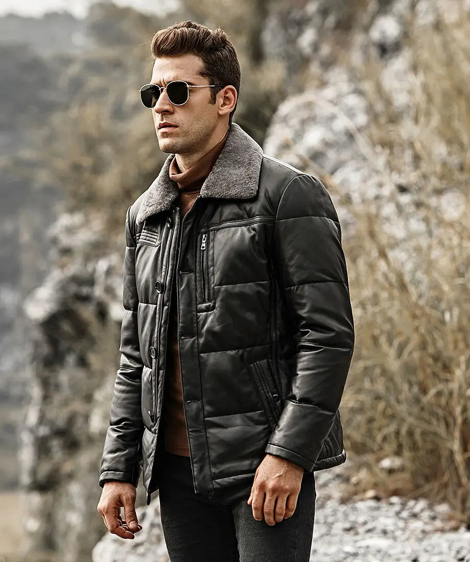 Memphis Men’s Black Real Leather Puffer Coat with removable Fur Collar