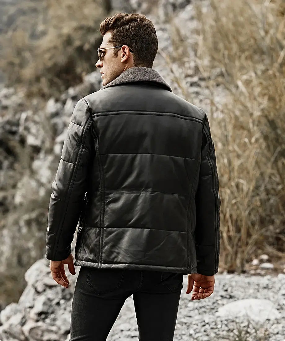 Memphis Men’s Black Real Leather Puffer Coat with removable Fur Collar