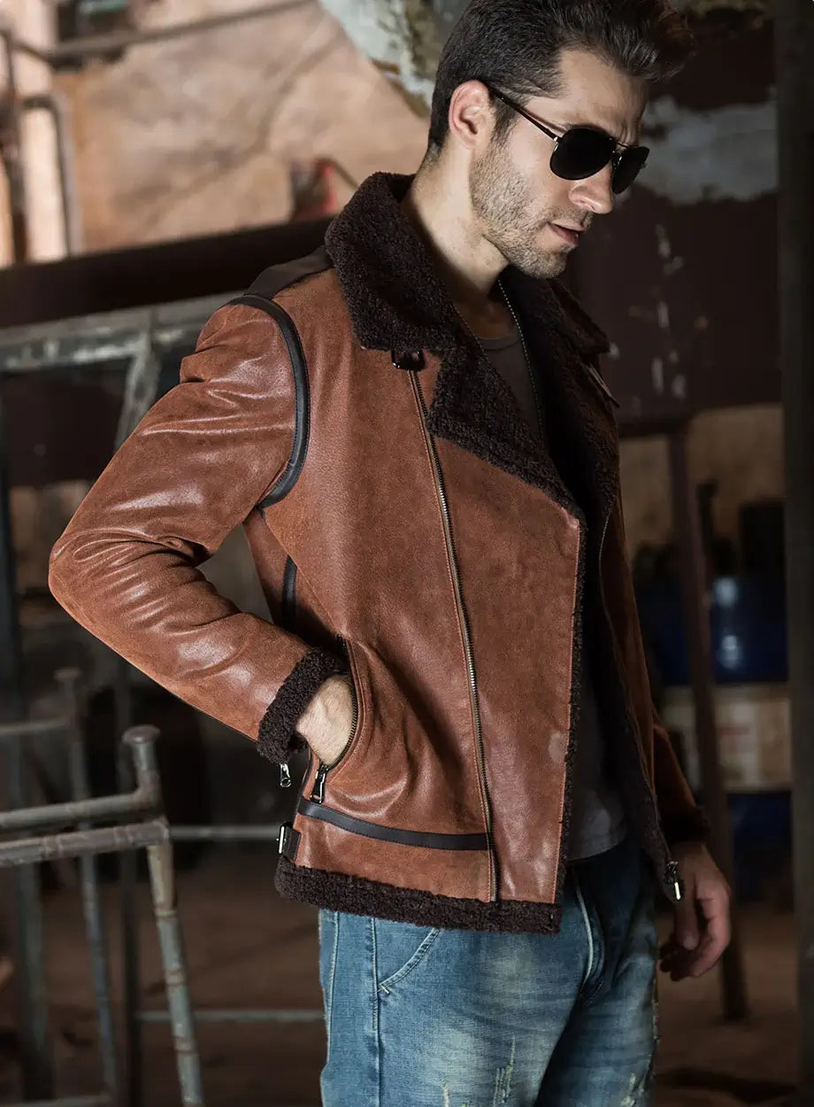 Men’s Brown Faux Shearling Sheepskin Leather Jacket