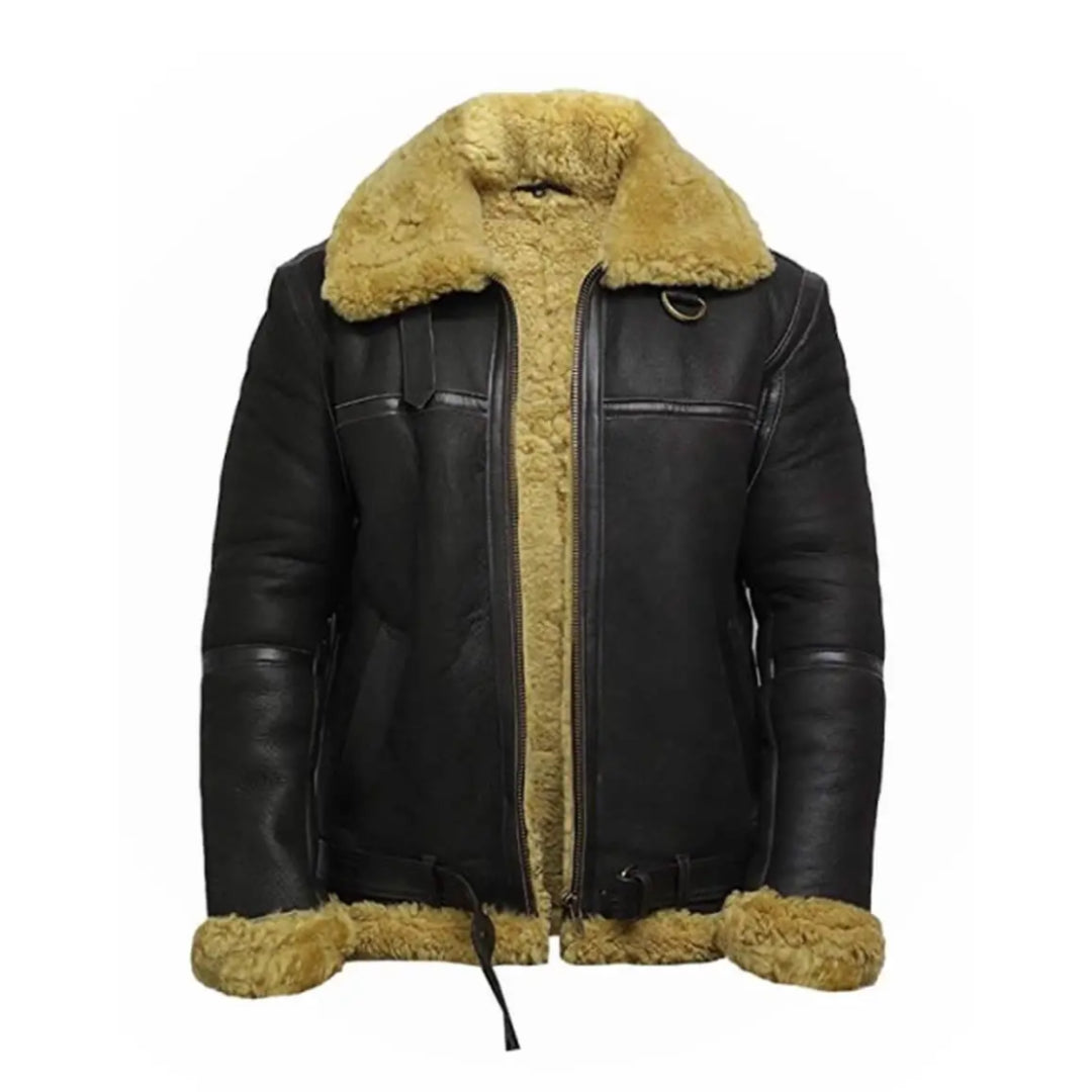 Men’s Faux Shearling Sheepskin Bomber Leather Jacket