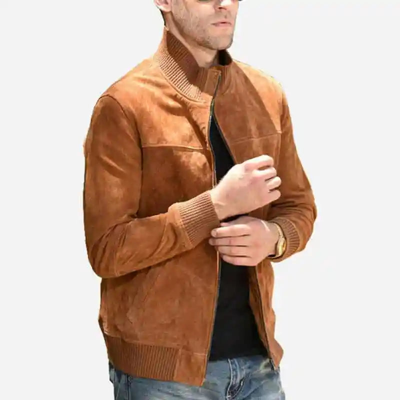 Mens Brown Suede Leather Bomber Jacket