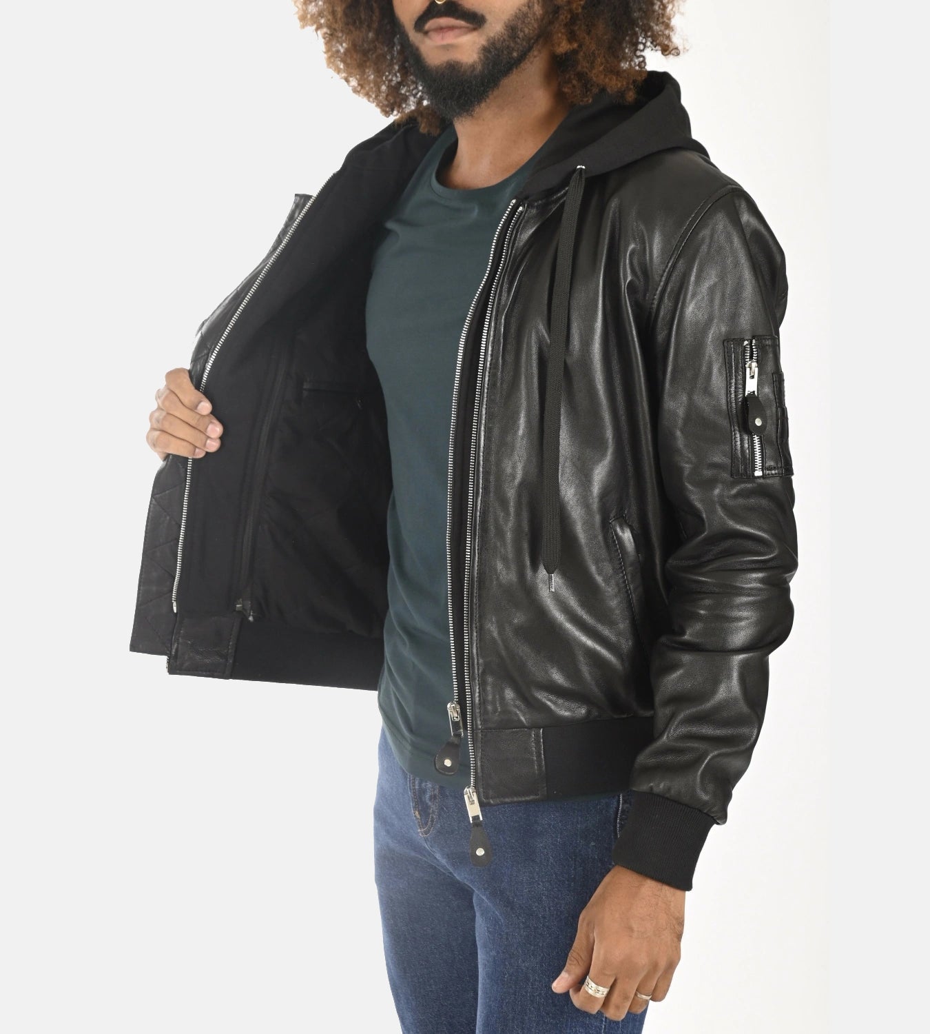 Men’s Teddy Ball Black Genuine Leather Removable Hooded Jacket