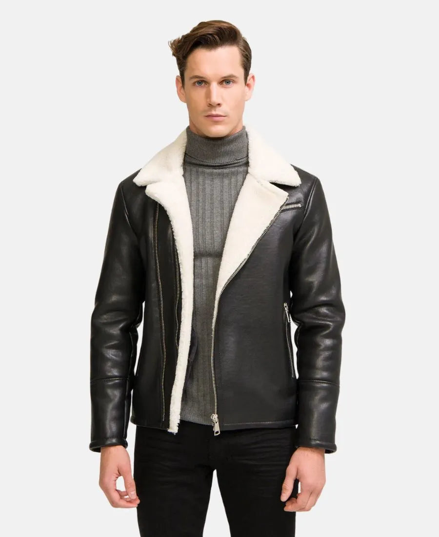 Black Moto Style Real Shearling Leather Jacket