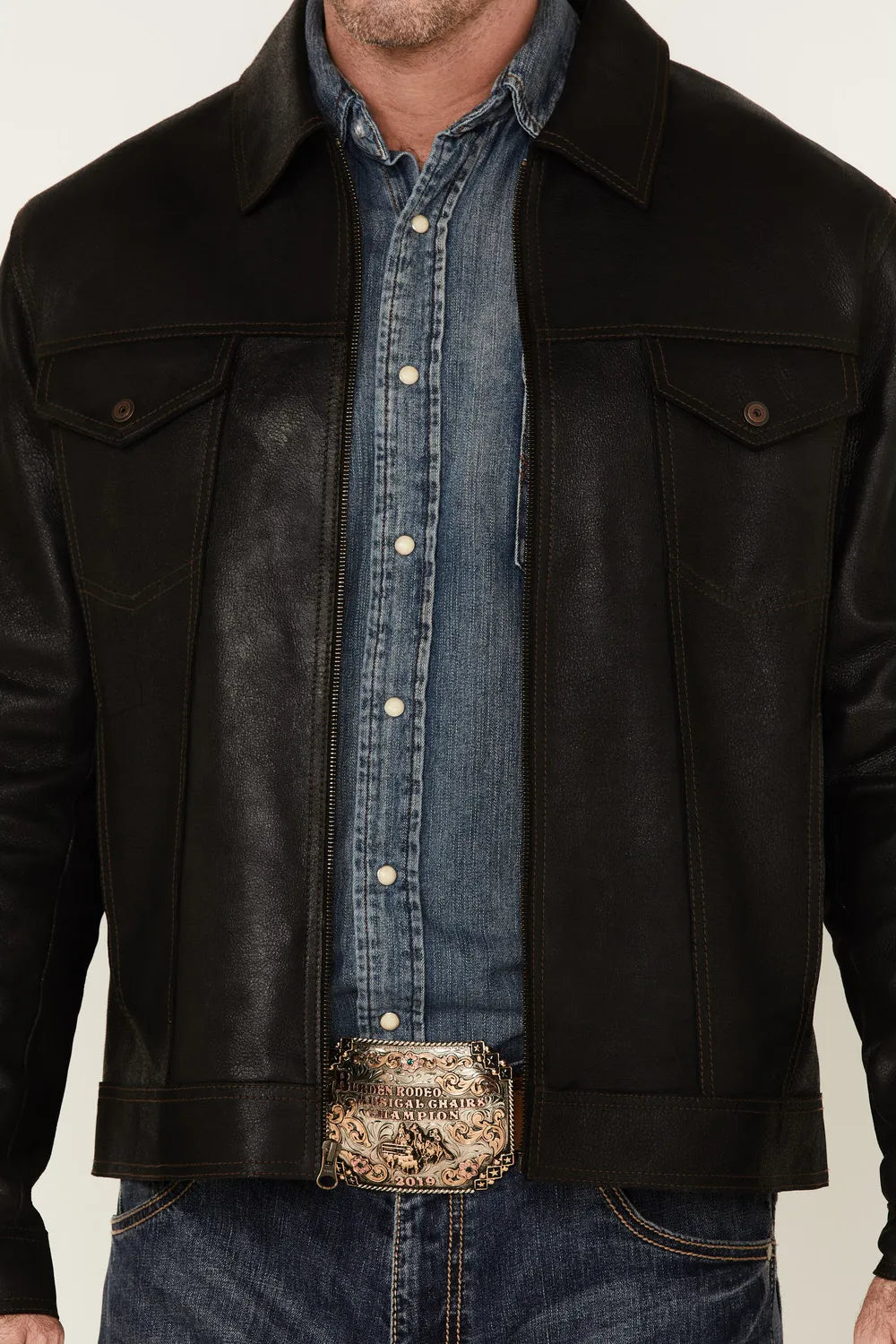 Solid Black Trucker Leather Jacket