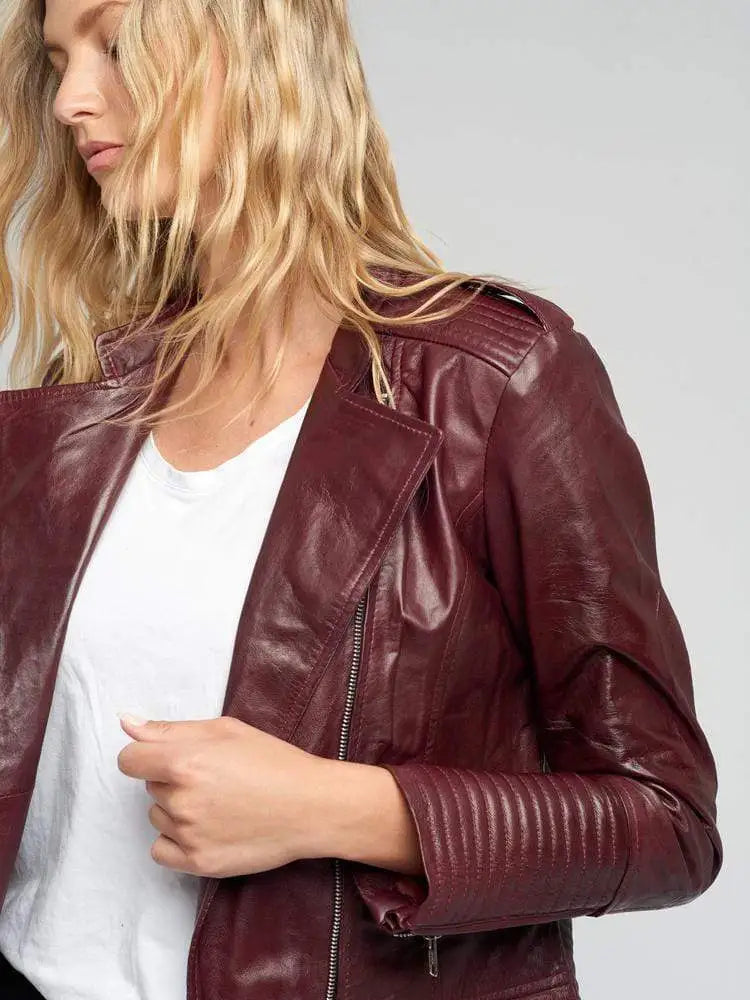 Women’s Dark Maroon Asymmetric Cafe Racer Leather Jacket