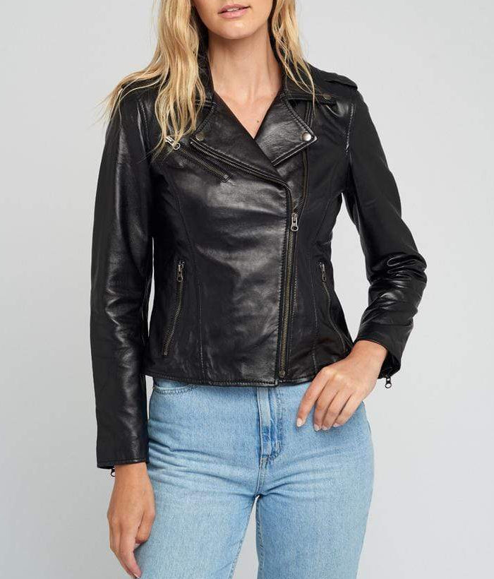 Ella Biker Asymmetrical Notch Collar Womens Leather Jacket