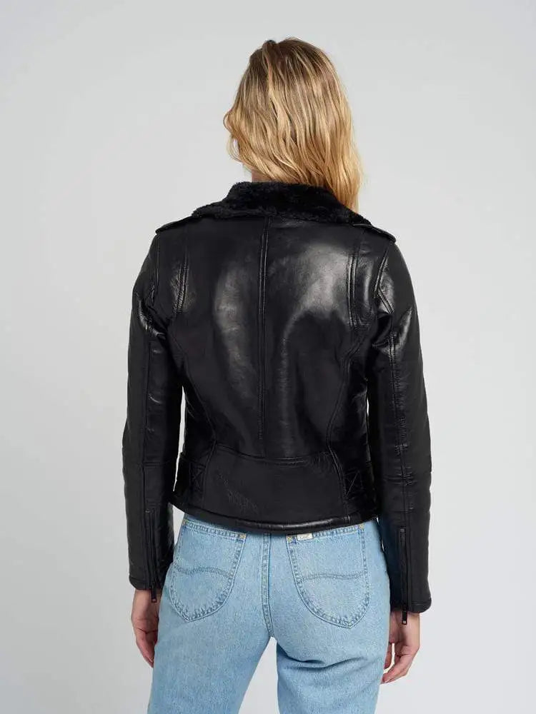 Ave Black Fur Biker Leather Jacket