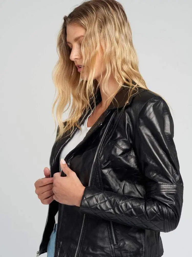Women’s Asymmetrical Quilted Black Motorcycle Leather Jacket