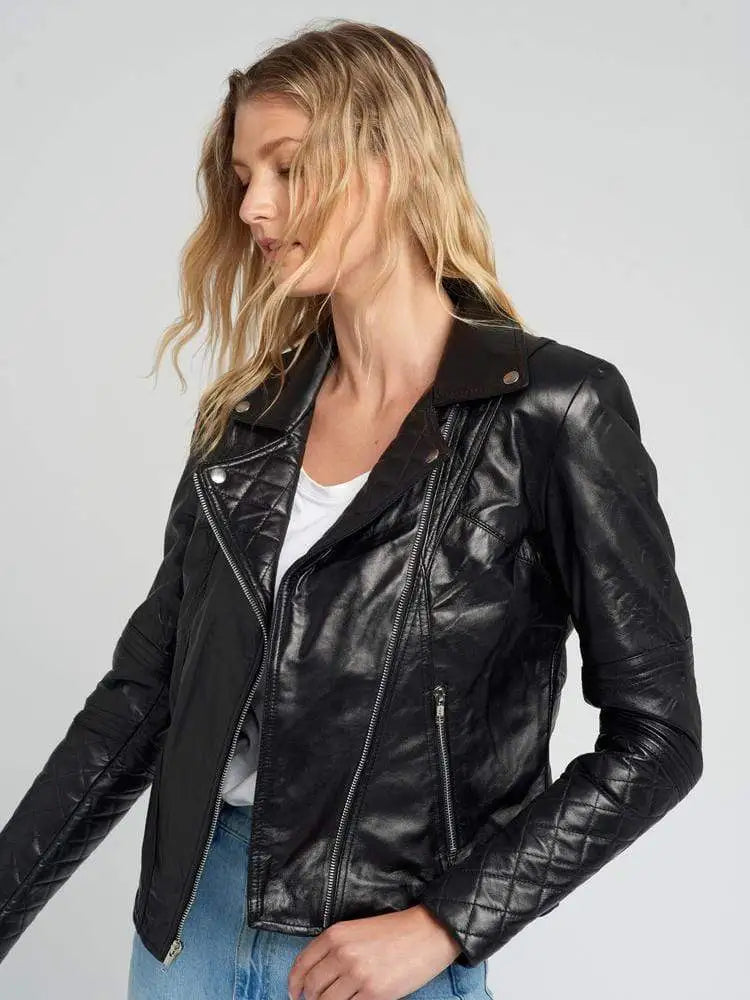 Women’s Asymmetrical Quilted Black Motorcycle Leather Jacket