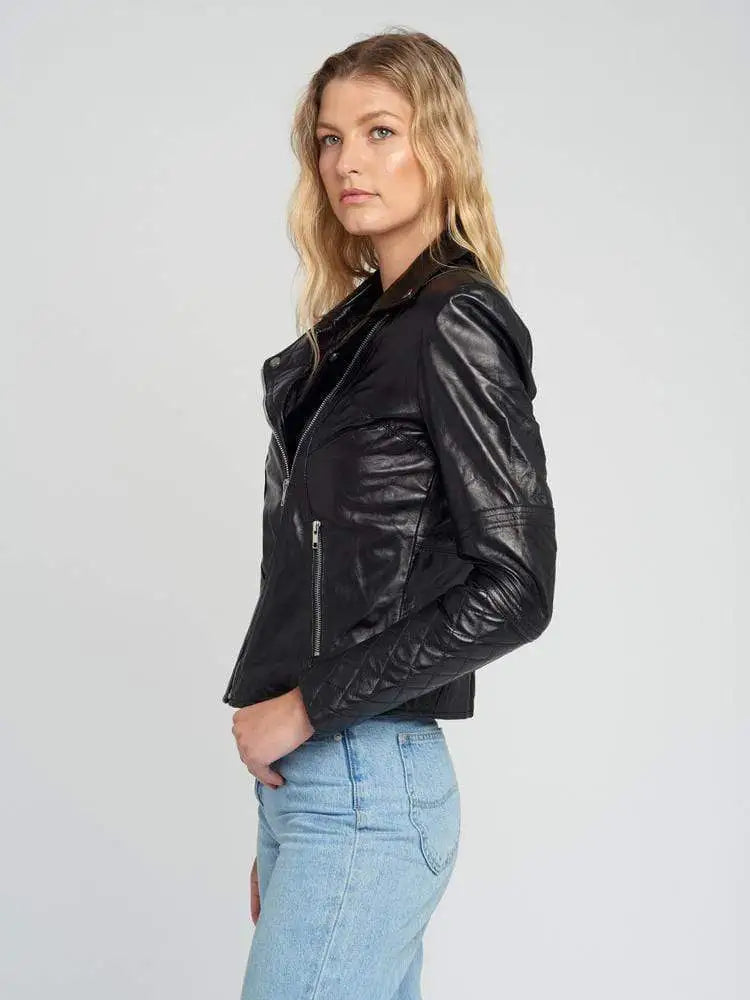 Women’s Asymmetrical Quilted Black Motorcycle Leather Jacket