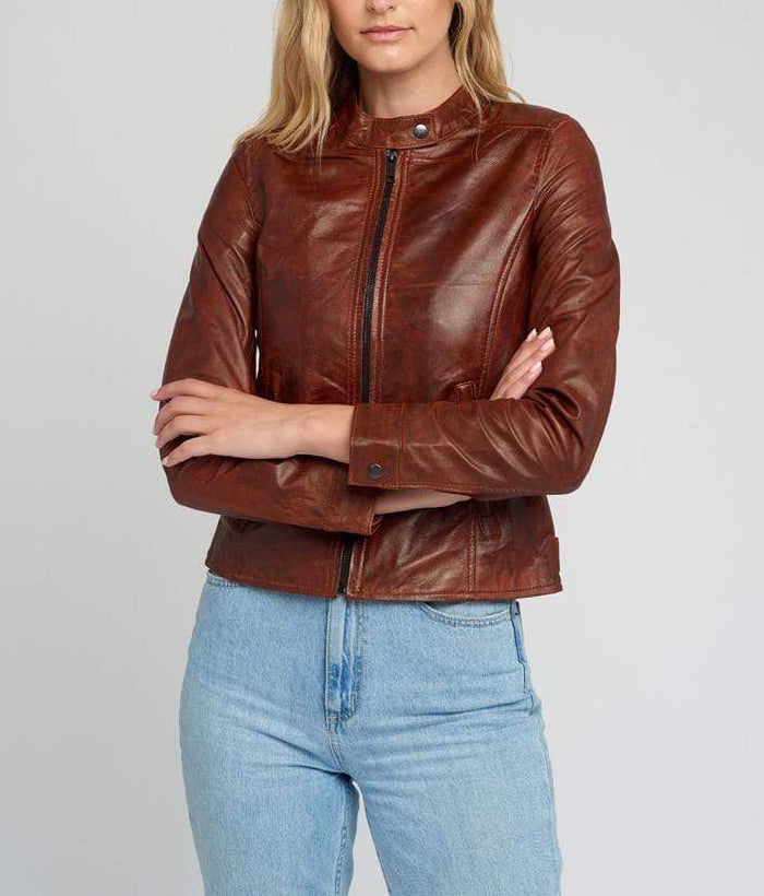 Jessy Brown Cafe Racer Stand Collar Leather Jacket