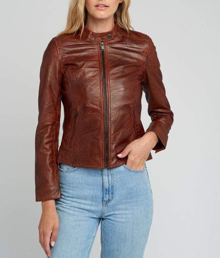 Jessy Brown Cafe Racer Stand Collar Leather Jacket
