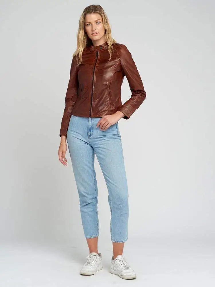 Jessy Brown Cafe Racer Stand Collar Leather Jacket