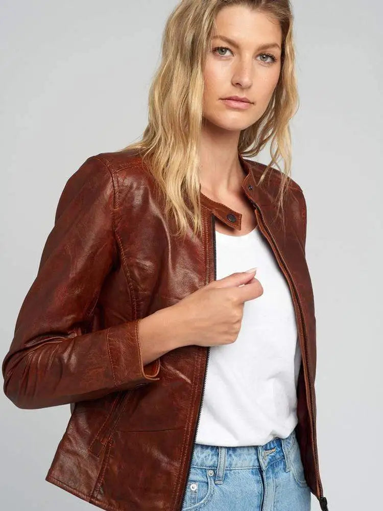 Jessy Brown Cafe Racer Stand Collar Leather Jacket