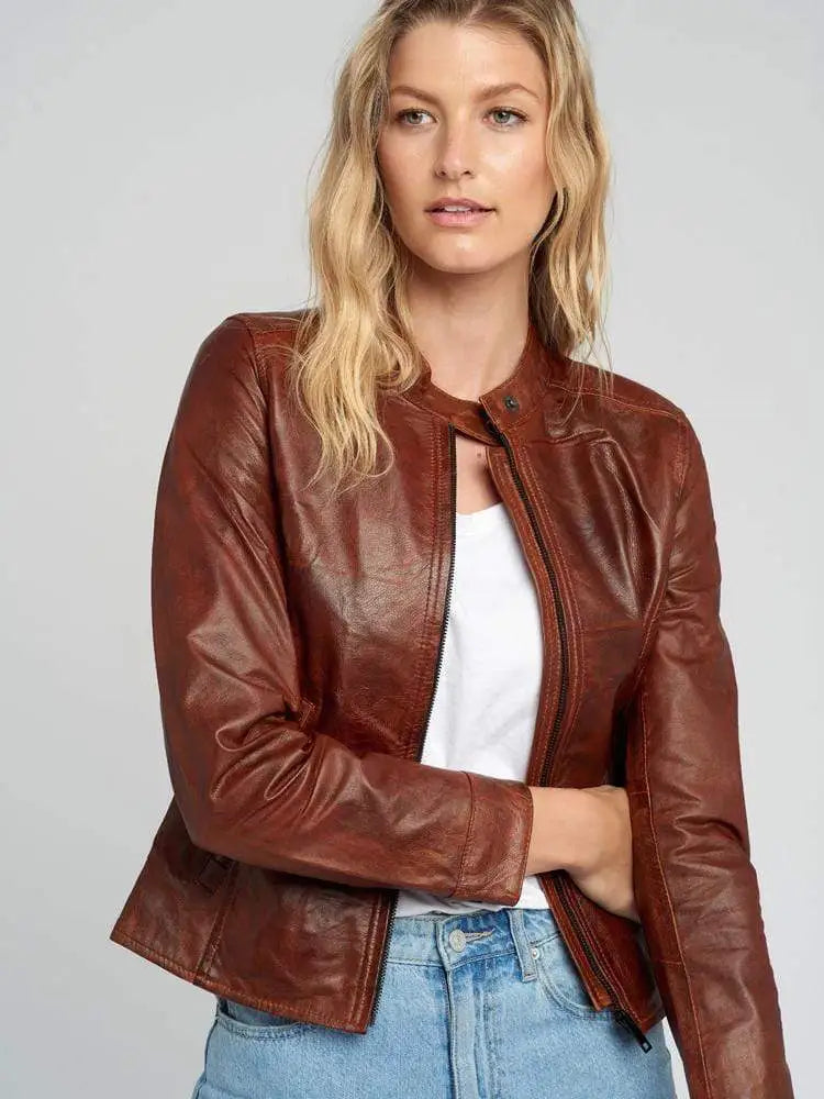 Jessy Brown Cafe Racer Stand Collar Leather Jacket