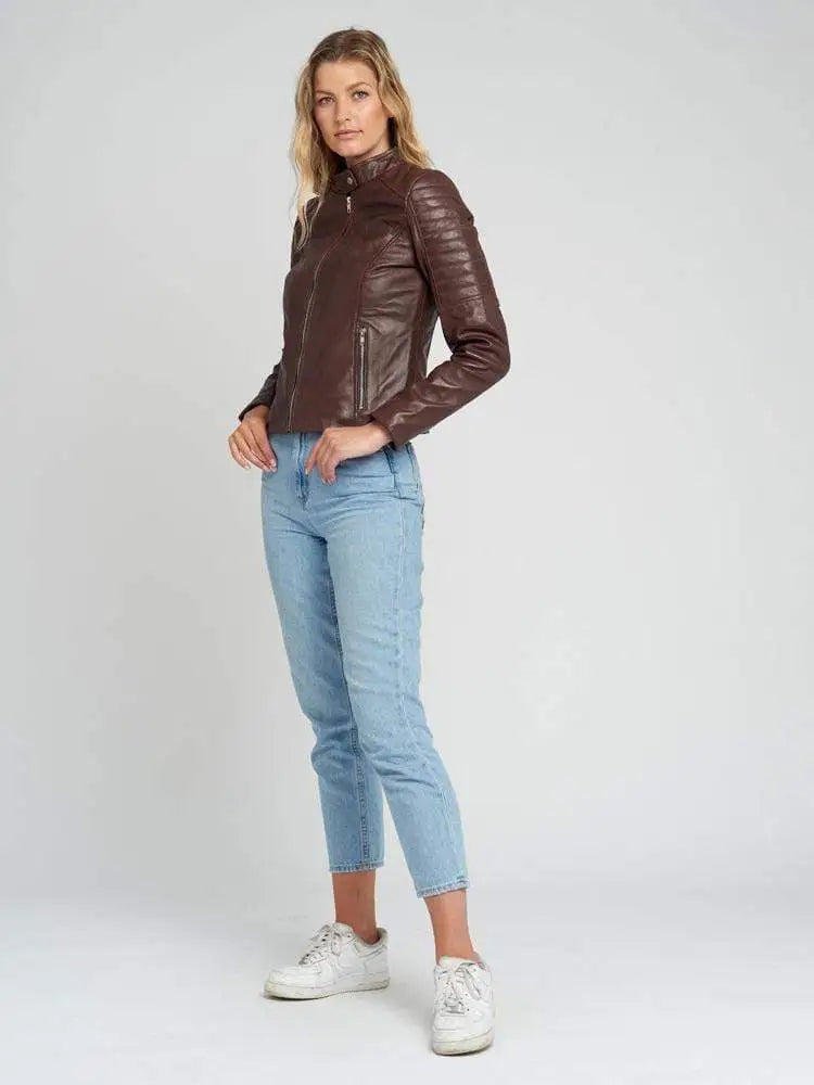 Hayley Brown Quilted Cafe Racer Leather Jacket
