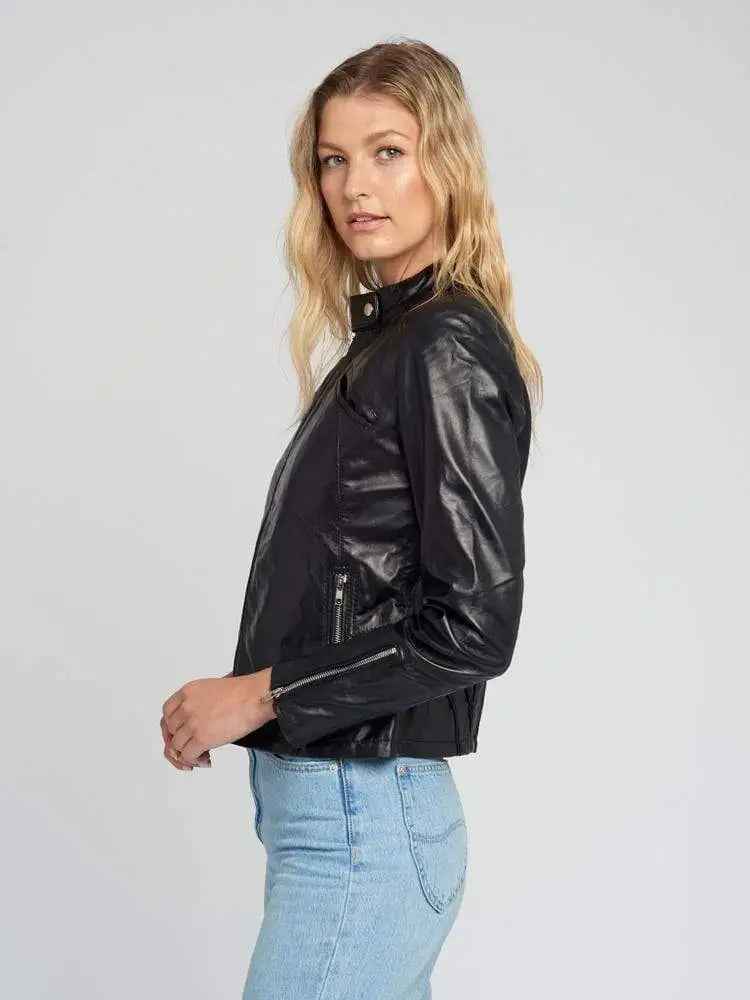 Womens Black Tab Collar Cafe Racer Black Leather Jacket