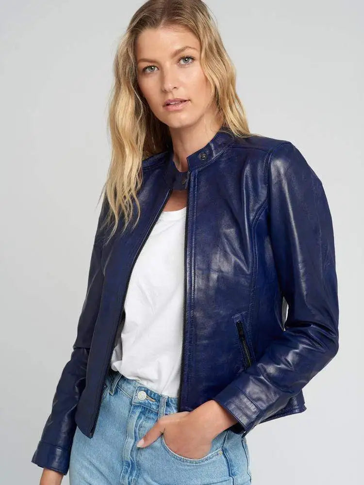 Jessy Blue Cafe Racer Stand Collar Leather Jacket