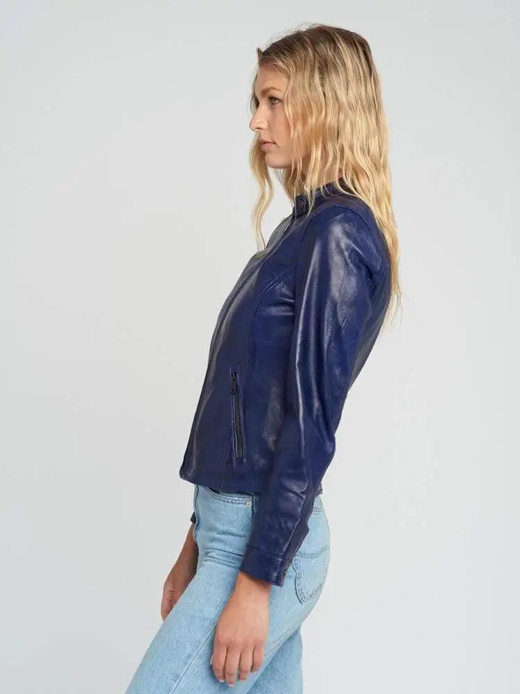 Jessy Blue Cafe Racer Stand Collar Leather Jacket