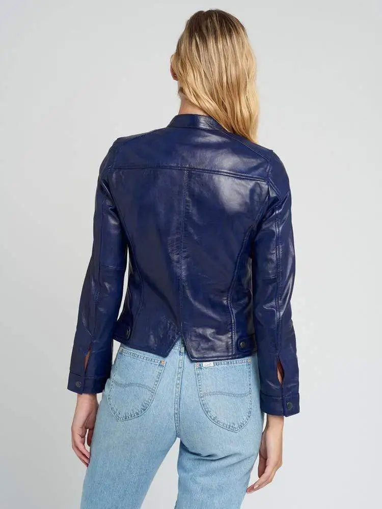 Jessy Blue Cafe Racer Stand Collar Leather Jacket