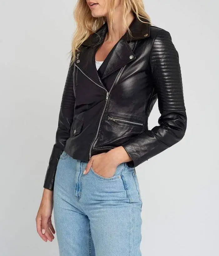 Ella Quilted Hands Black Biker Leather Jacket