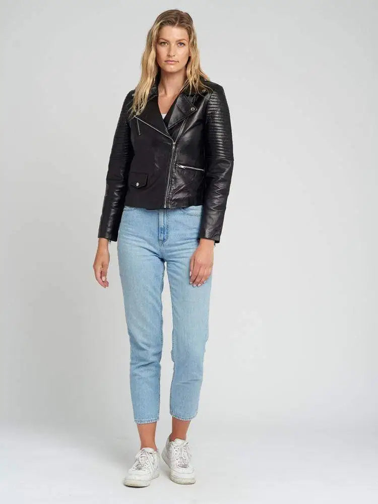 Ella Quilted Hands Black Biker Leather Jacket