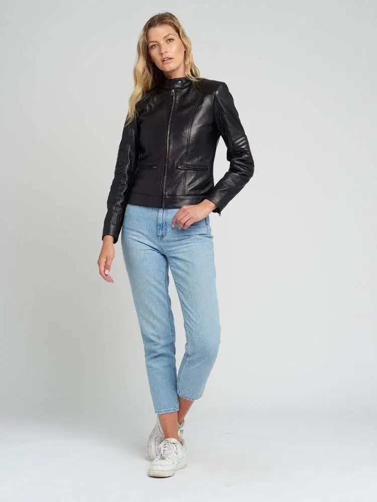 Women’s Quilted Shoulder Black Cafe Race Leather Jacket