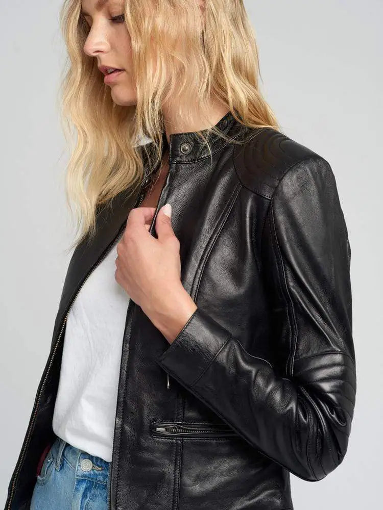 Women’s Quilted Shoulder Black Cafe Race Leather Jacket