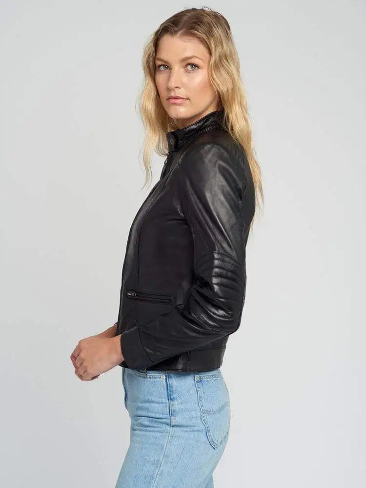 Women’s Quilted Shoulder Black Cafe Race Leather Jacket