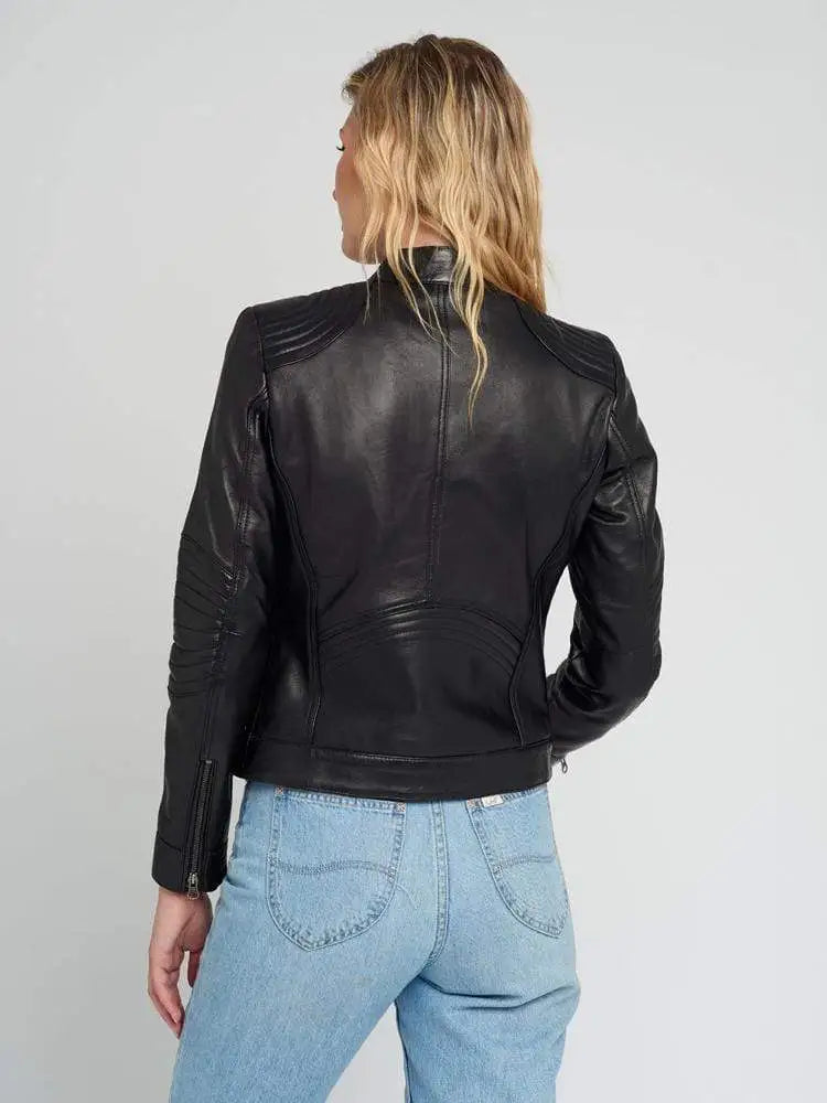 Women’s Quilted Shoulder Black Cafe Race Leather Jacket