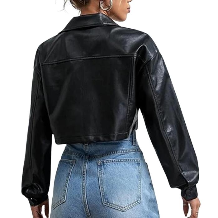 Women's Black Buttoned Up Leather Cropped Jacket