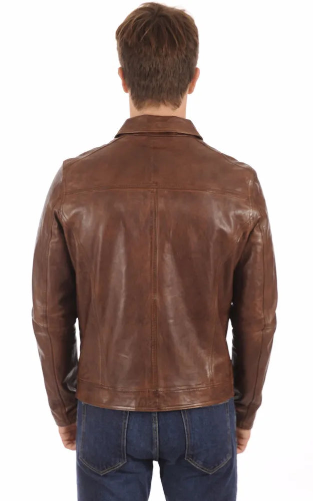 Men’s Cognac Shirt Collar Genuine Leather Jacket