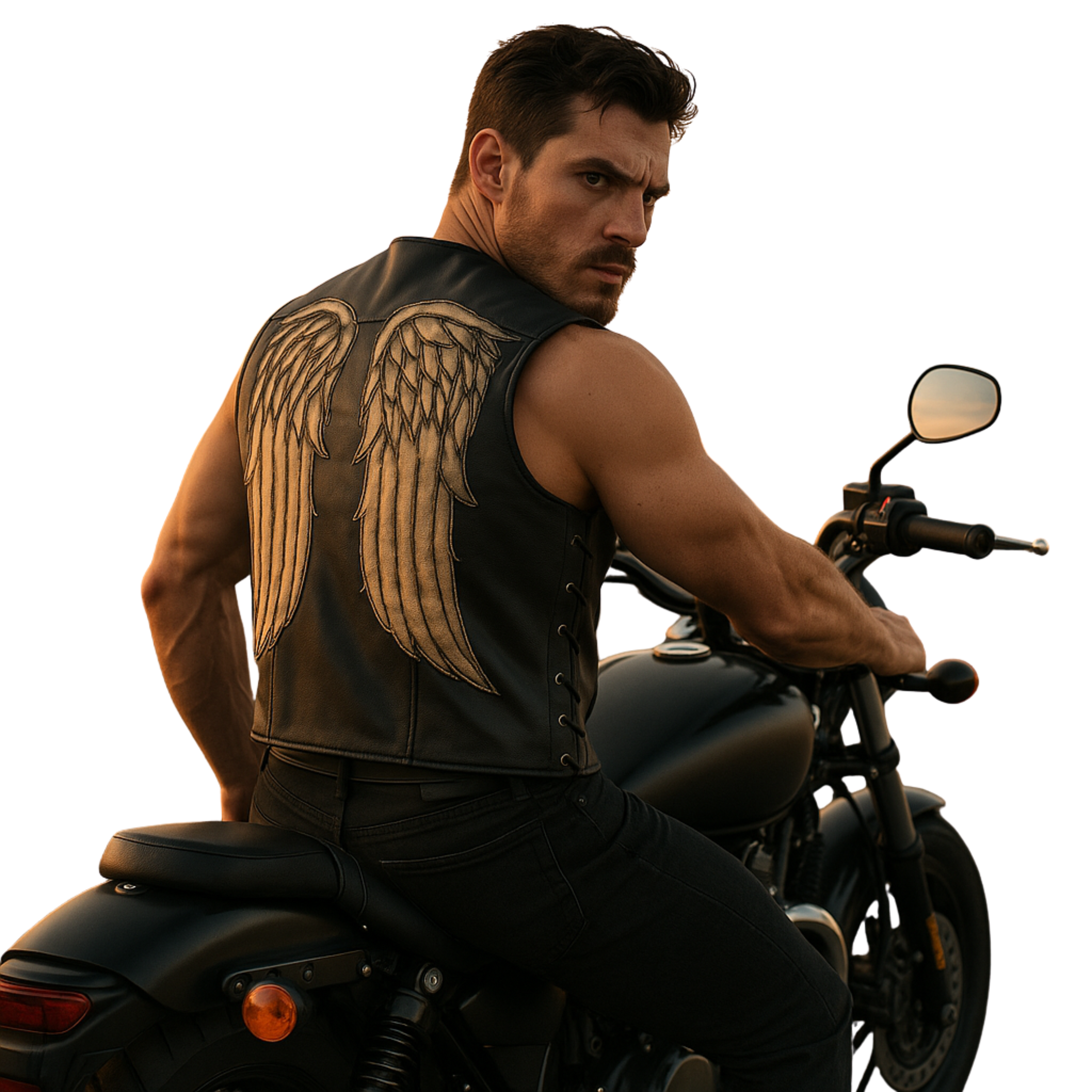 Handmade Black Leather Angel Wings Vest: Biker Cosplay Streetwear