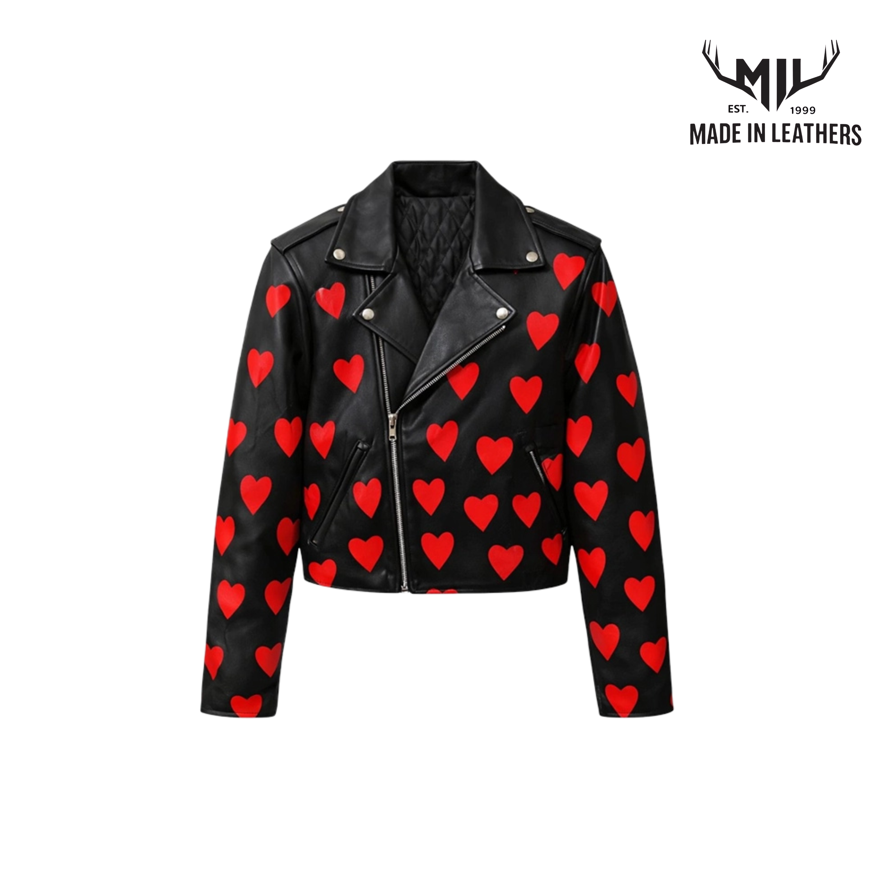 Women’s Leather Biker Coat, Jacket with Red Print – Valentine Gift for Her