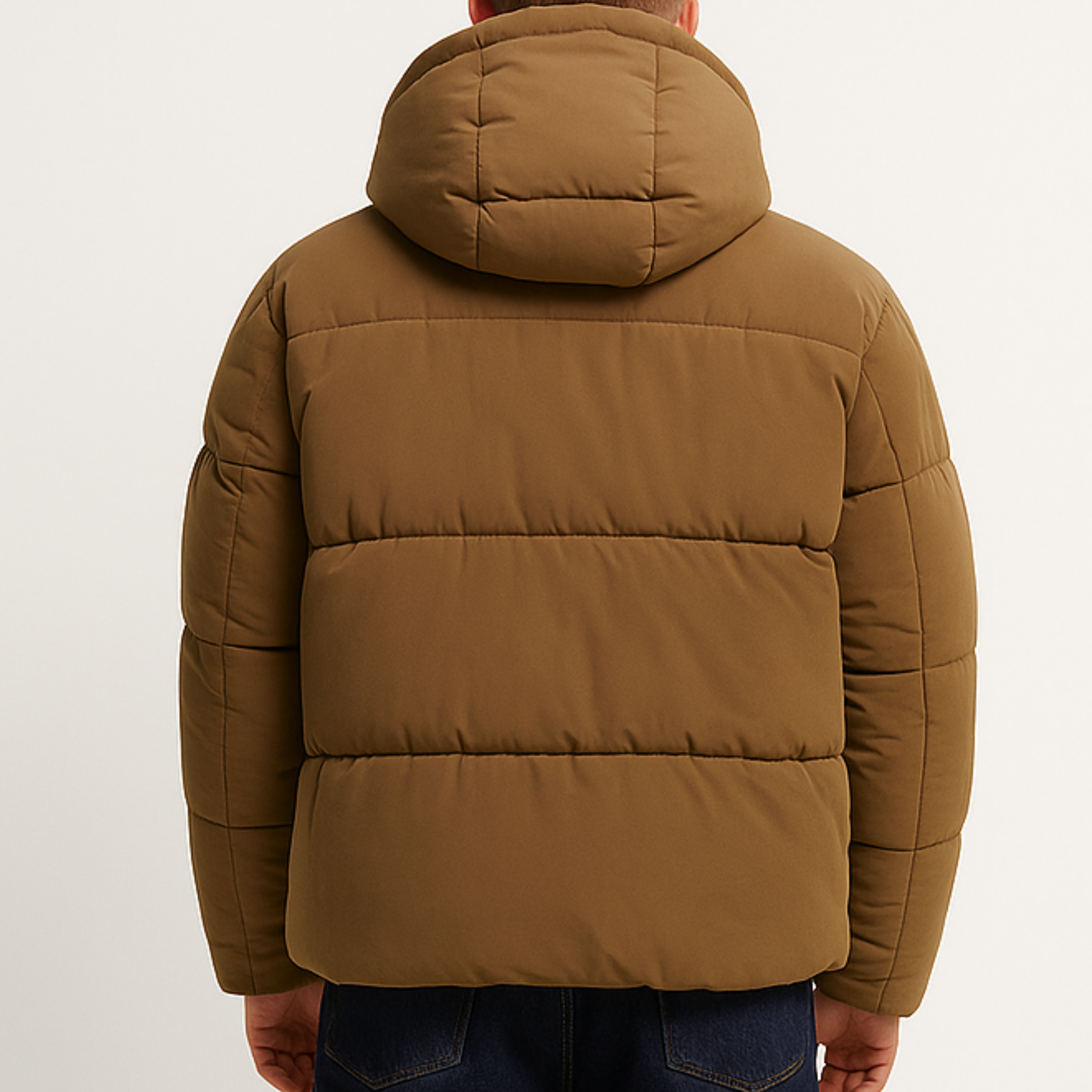 Mustard Brown Quilted Puffer Jacket with Hood