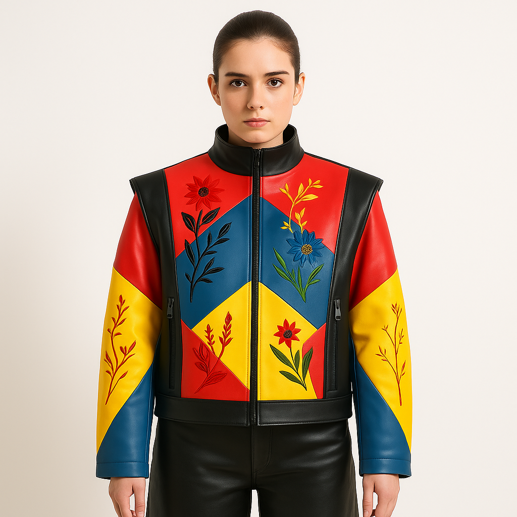 Geometric Color Block Leather Biker Jacket: Vintage Retro Moto Outerwear