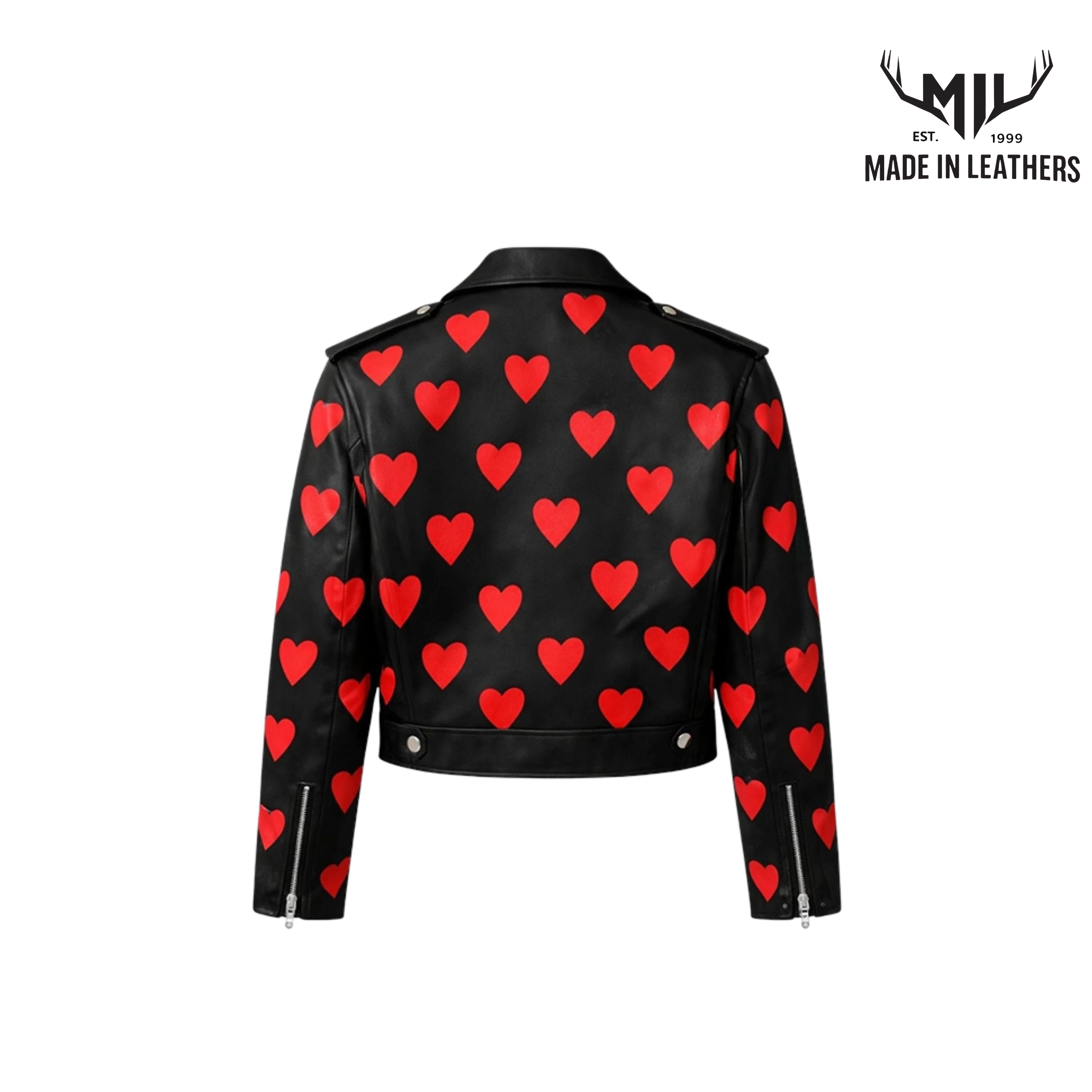 Women’s Leather Biker Coat, Jacket with Red Print – Valentine Gift for Her