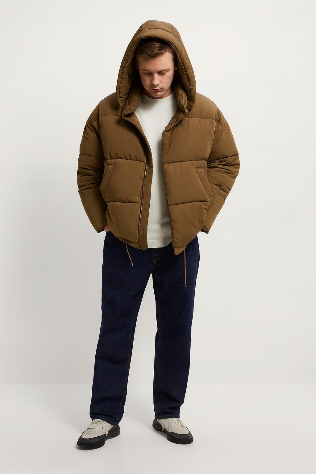 Mustard Brown Quilted Puffer Jacket with Hood