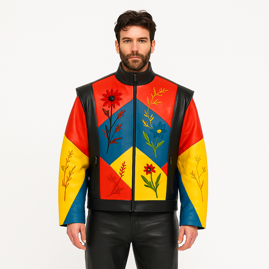 Geometric Color Block Leather Biker Jacket: Vintage Retro Moto Outerwear