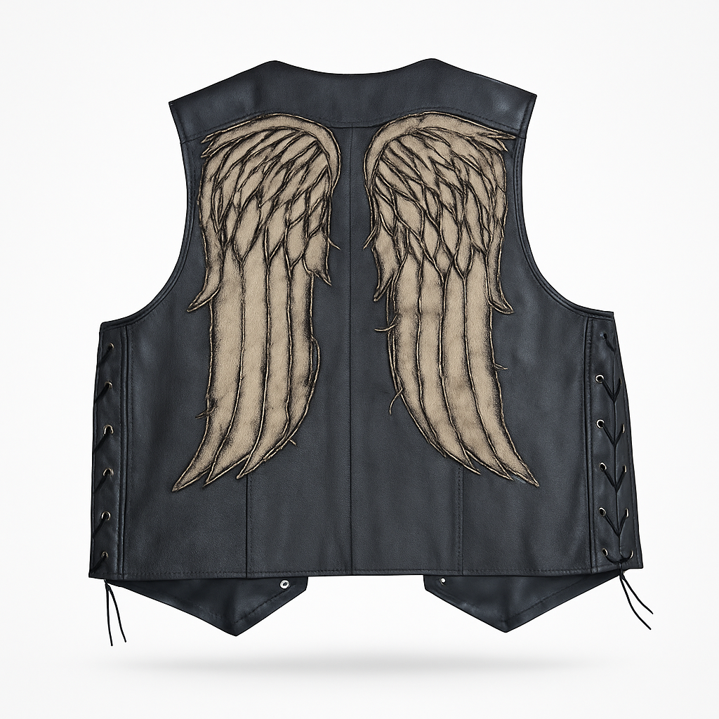 Handmade Black Leather Angel Wings Vest: Biker Cosplay Streetwear