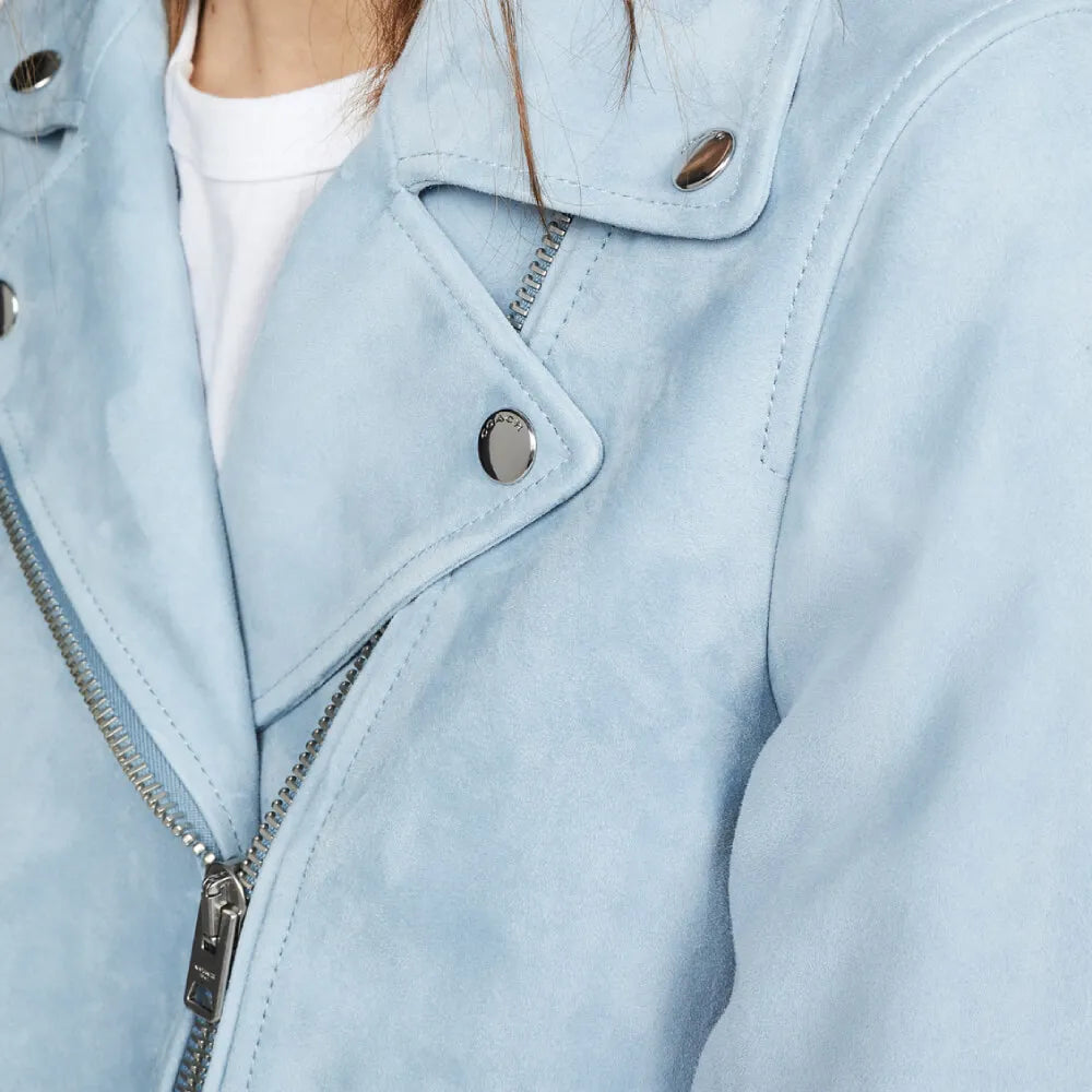 Womens Pale Blue Suede Biker Leather Jacket