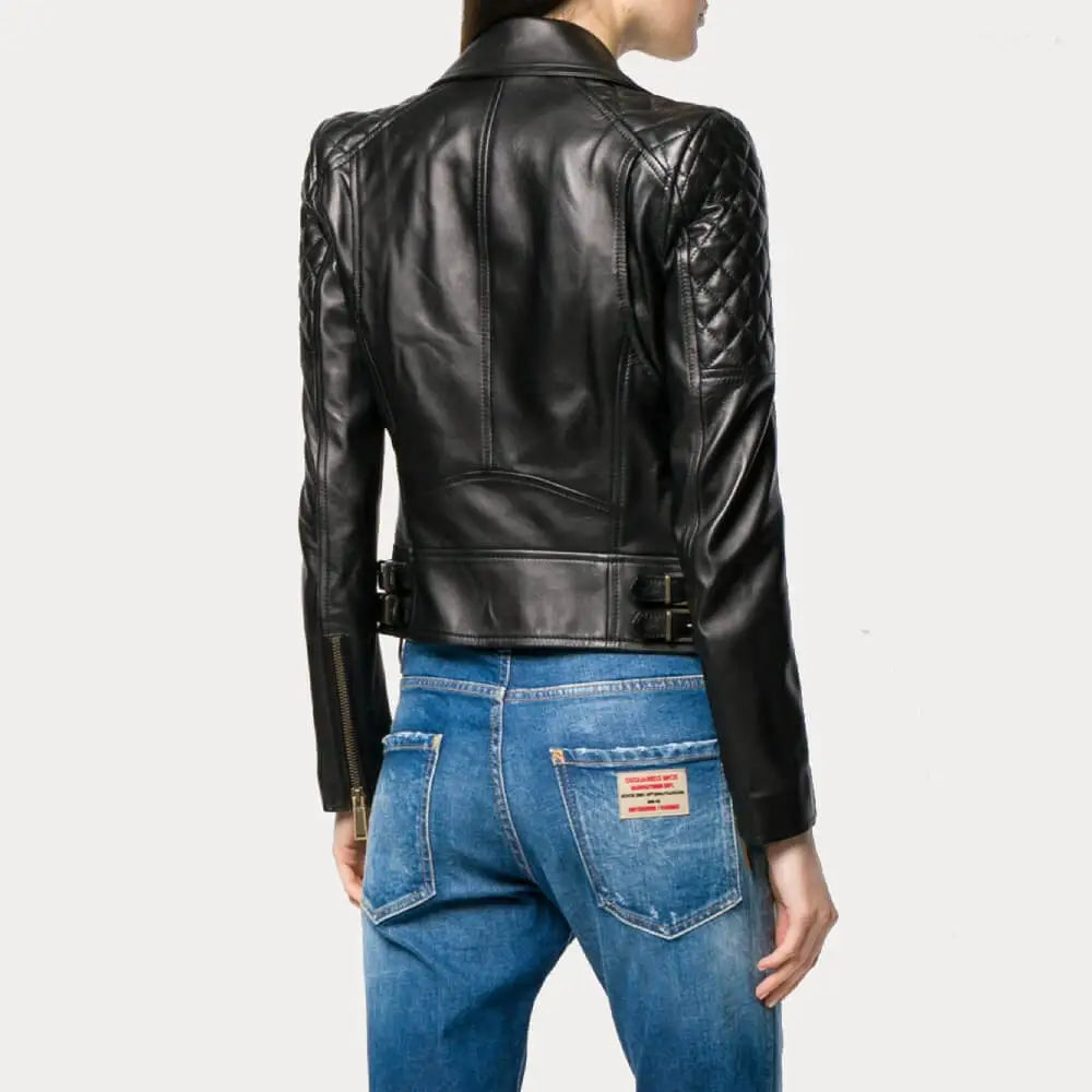 Womens Quilted Black Leather Moto Biker Jacket